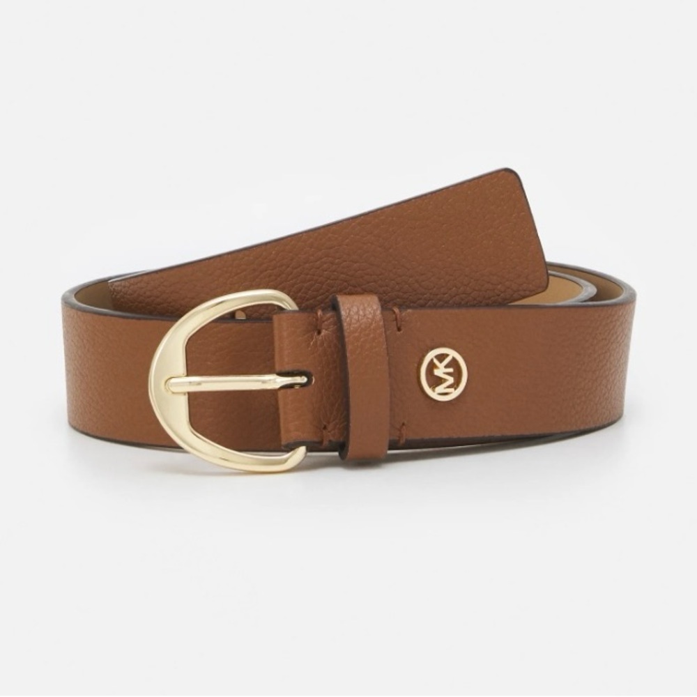 New Michael Kors Brown Pebbled Leather Belt With Hamilton Lock Gold - Size M - Picture 3 of 5
